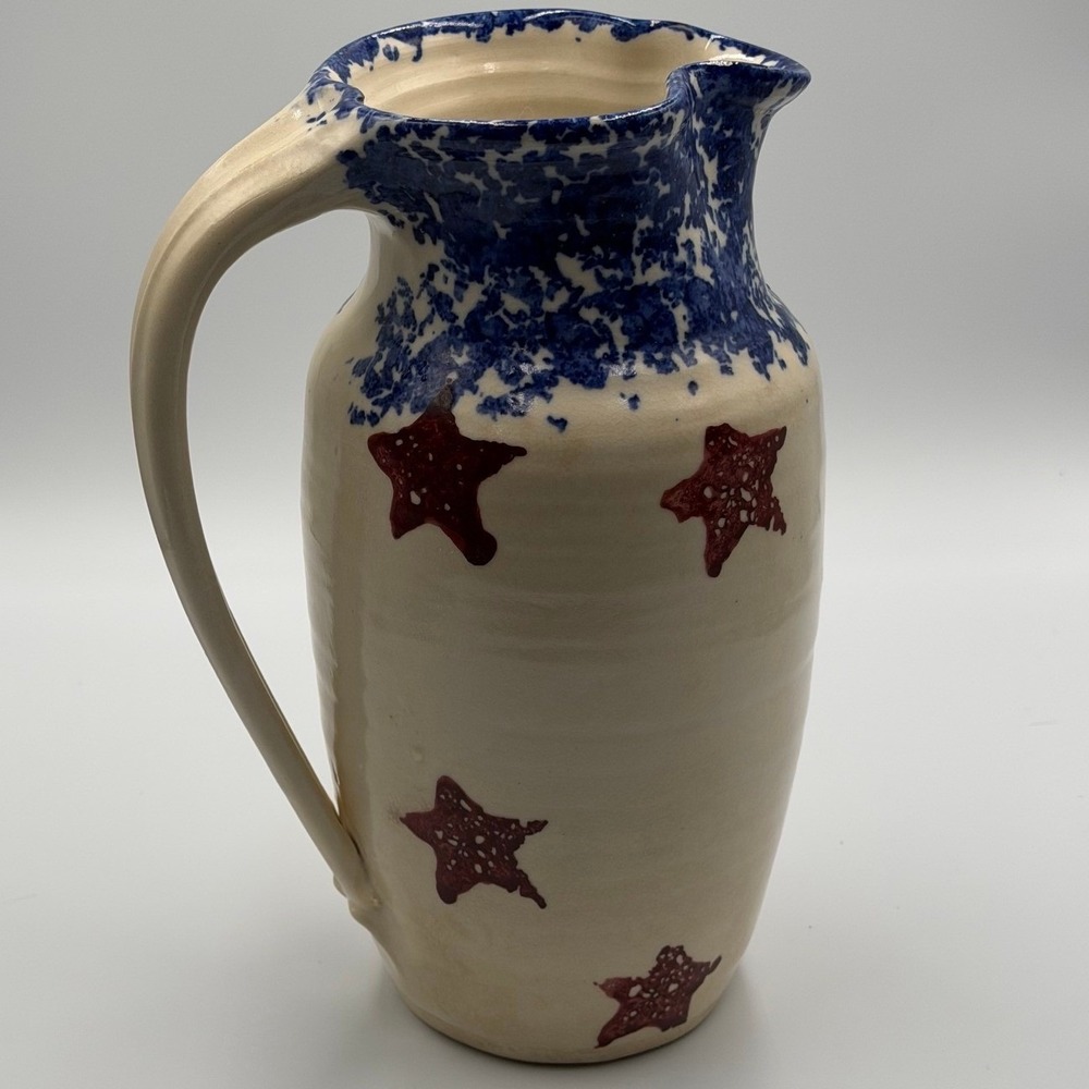 Handmade Holman signed Stoneware Pitcher Americana Red Stars Blue Trim 10.75in
